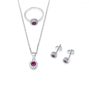 petsios Σετ κολιέ, δαχτυλίδι και σκουλαρίκια καρφωτά με πέτρες ζιργκόν και ρουμπίνι