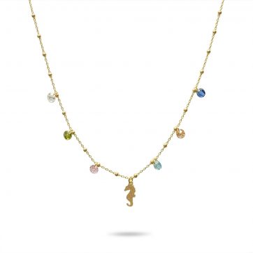 petsios Κολιέ επίχρυσο με χρωματιστές πέτρες και ιππόκαμπο