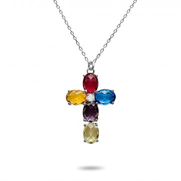 petsios Cross necklace with multi coloured zircon stones
