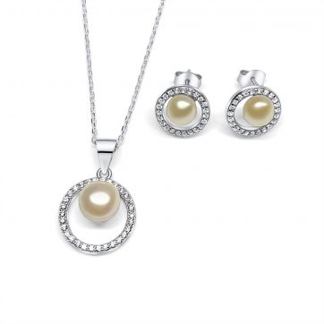 petsios Σετ κολιέ και σκουλαρίκια καρφωτά με πέτρες ζιργκόν και μαργαριτάρι
