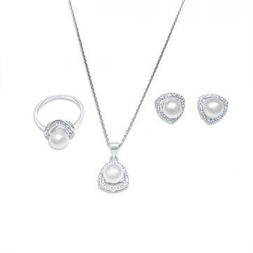 petsios Σετ κολιέ, δαχτυλίδι και σκουλαρίκια καρφωτά με πέτρες ζιργκόν και μαργαριτάρι
