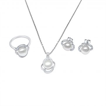 petsios Σετ κολιέ, δαχτυλίδι και σκουλαρίκια καρφωτά με πέτρες ζιργκόν και μαργαριτάρι