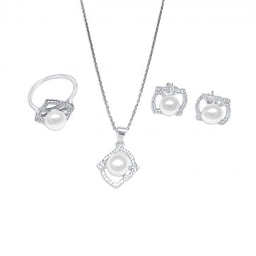 petsios Σετ κολιέ, δαχτυλίδι και σκουλαρίκια καρφωτά με πέτρες ζιργκόν και μαργαριτάρι