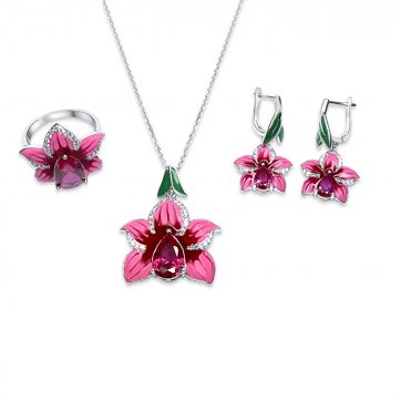 petsios Σετ κολιέ, δαχτυλίδι και σκουλαρίκια κρεμαστά με σμάλτο και πέτρες ρουμπίνι και ζιργκόν 