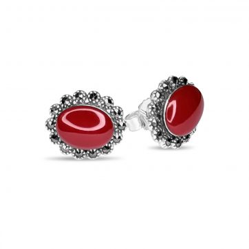 petsios Stud marcasite earrings with coral stones