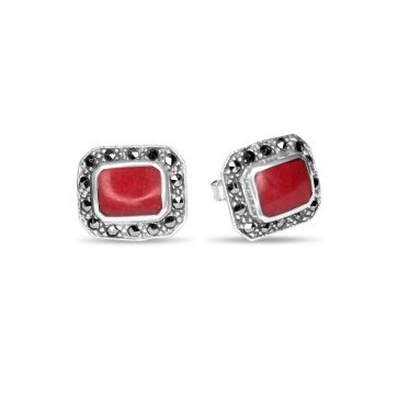 petsios Stud marcasite earrings with coral stones