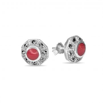 petsios Stud marcasite earrings with coral stones
