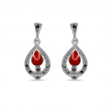 petsios Dangle marcasite earrings with coral stones