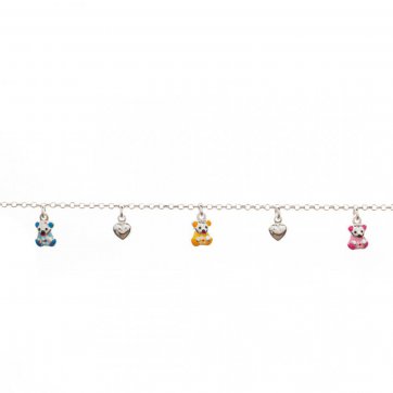 petsios Βραχιόλι με κρεμαστά αρκουδάκια με σμάλτο και ασημένιες καρδιές