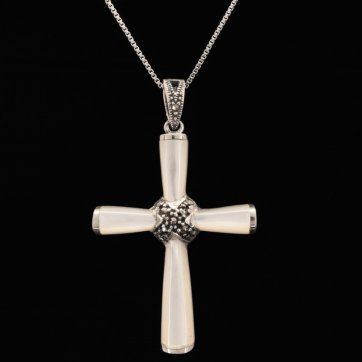 petsios Silver cross with mother of pearl and marcasites